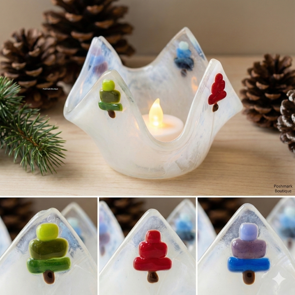 Candle holder Christmas tree fused glass art one of a kind handmade